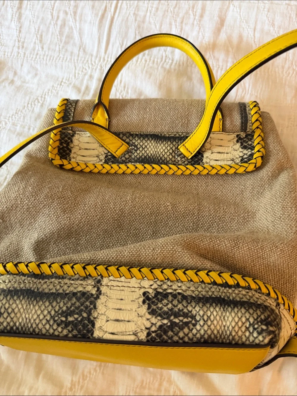 Tory Burch Beige Canvas Mini Backpack with Yellow Trim